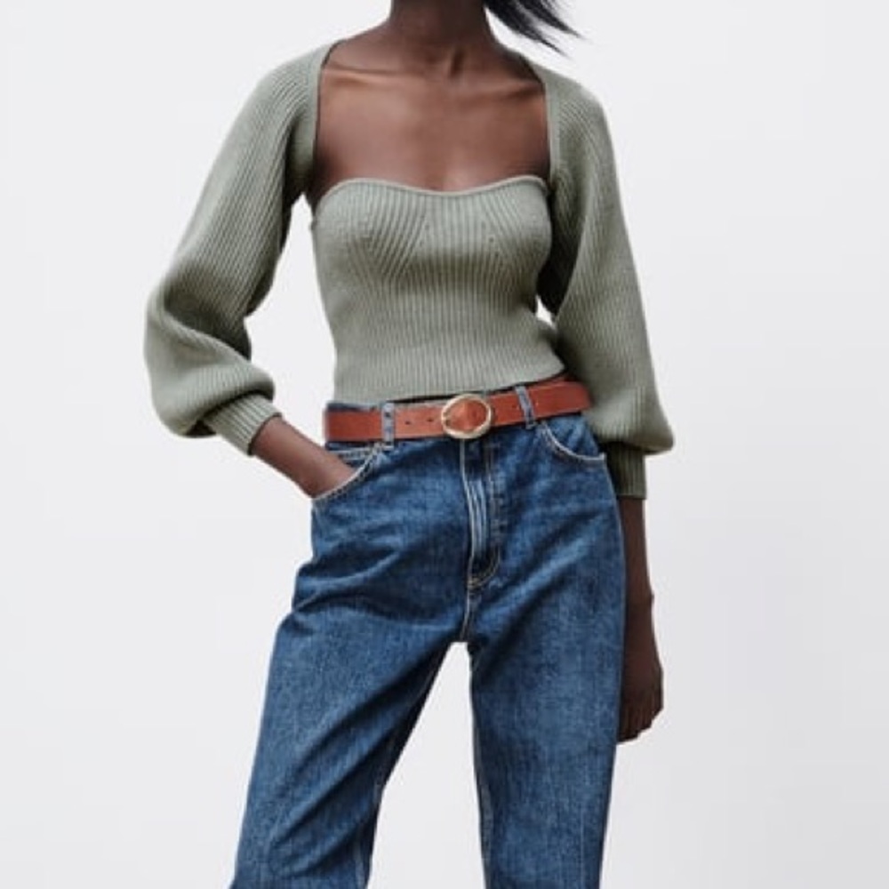 Zara Olive Green Ribbed Knit Top